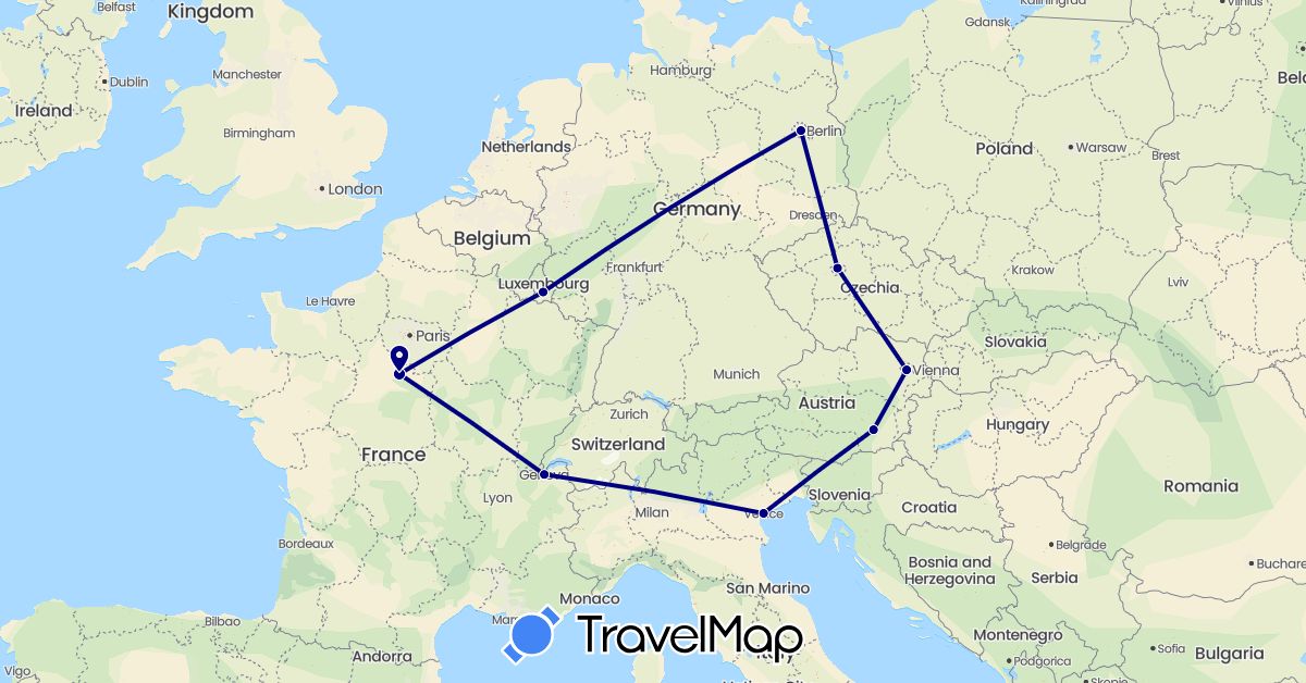 TravelMap itinerary: driving in Austria, Switzerland, Czech Republic, Germany, France, Italy, Luxembourg (Europe)